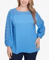 Ruby Rd. Plus Size Solid Textured Eyelet 3/4 Sleeve Top In Blue