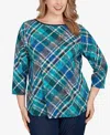Ruby Rd. Plus Size Solid Tipped Plaid Knit Top In Blue