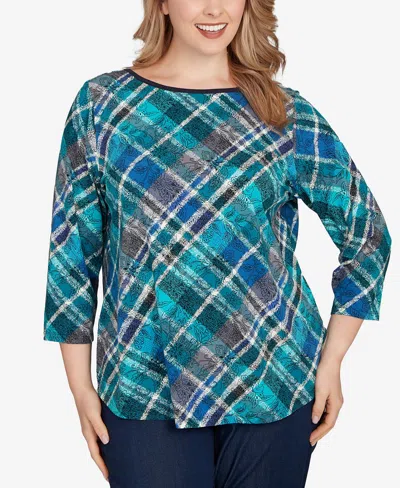 Ruby Rd. Plus Size Solid Tipped Plaid Knit Top In Blue