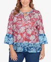 Ruby Rd. Plus Size Speckled Floral Flounce Sleeve Top In Red