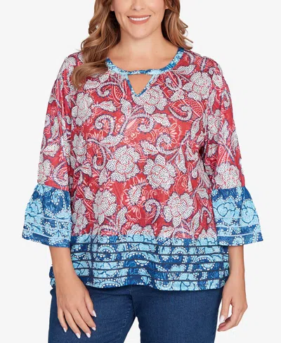 Ruby Rd. Plus Size Speckled Floral Flounce Sleeve Top In Red