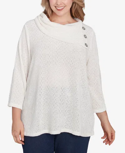 Ruby Rd. Plus Size Split Cowl Neck Chenille Shine Knit Top In Ivory