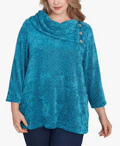 Ruby Rd. Plus Size Split Cowl Neck Chenille Shine Knit Top In Jade