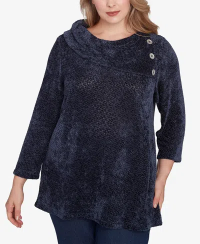 Ruby Rd. Plus Size Split Cowl Neck Chenille Shine Knit Top In Navy