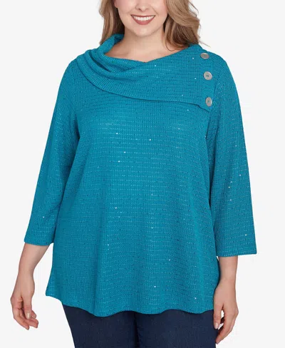 Ruby Rd. Plus Size Split Cowl Neck Sequin Knit Top In Jade