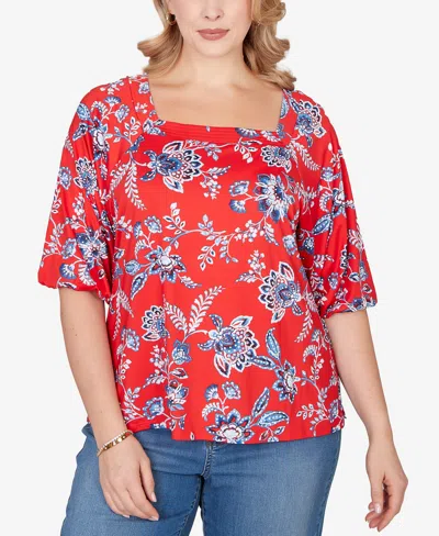 Ruby Rd. Ruby Rd Floral Three-quarter Puff Sleeve Jersey Top In Red