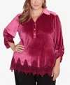 Ruby Rd. Plus Size Stretch Velvet Lace Trim Top In Beet