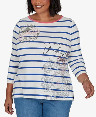 Ruby Rd. Plus Size Stripe Boat Neck 3/4-sleeve Top In Blue