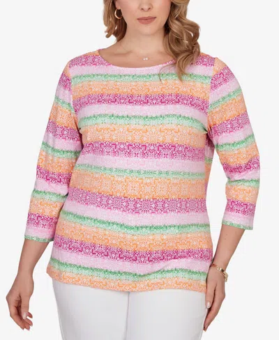 Ruby Rd. Plus Size Stripe Medallion Boat Neck Knit Top In Multi
