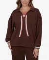Ruby Rd. Plus Size Stripe Trim Drawstring Pullover Top In Dark Chocolate