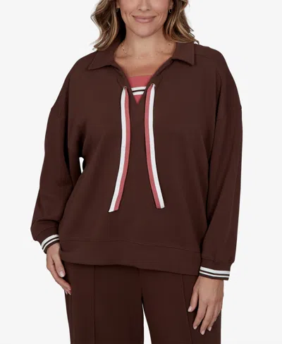 Ruby Rd. Plus Size Stripe Trim Drawstring Pullover Top In Dark Chocolate