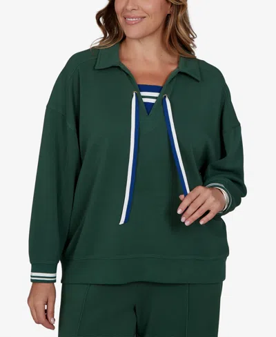 Ruby Rd. Plus Size Stripe Trim Drawstring Pullover Top In Fern