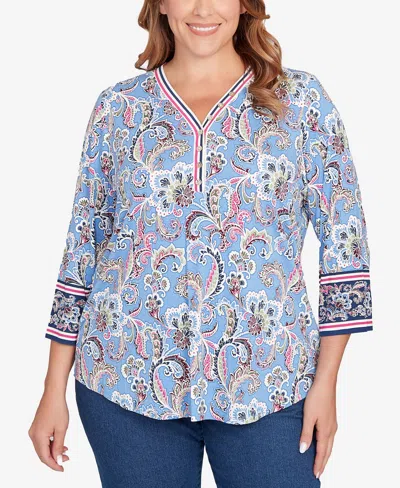Ruby Rd. Plus Size Stripe Trim Paisley Henley Top In Blue