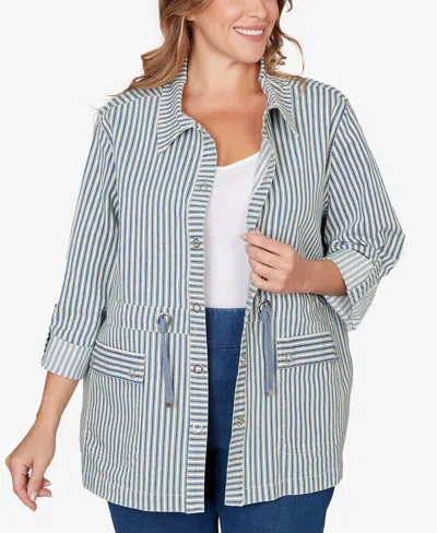 Ruby Rd. Plus Size Striped Anorak Snap Front Jacket In Blue