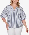 Ruby Rd. Plus Size Striped Cotton Poplin Elastic Cuff Top In Blue