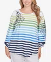 Ruby Rd. Plus Size Striped Embellished Three Quarter Sleeve Top In True Navy Multi