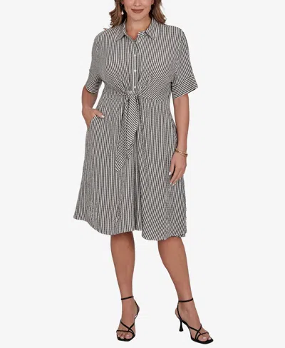 Ruby Rd. Plus Size Striped Gauze Tie Waist Shirt Dress In Gray