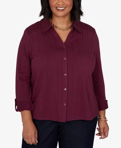 Ruby Rd. Plus Size Striped Roll-tab Button-front Blouse In Fig
