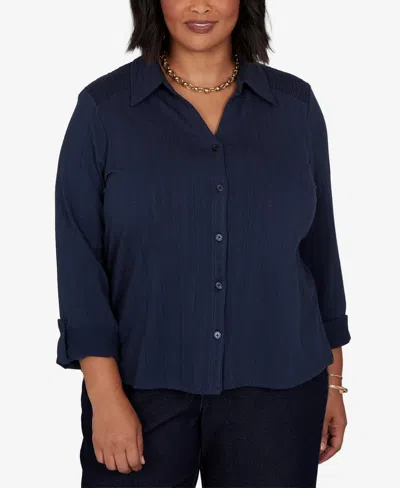 Ruby Rd. Plus Size Striped Roll-tab Button-front Blouse In Navy