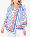Ruby Rd. Plus Size Striped Scarf Print Tie Shoulder Top In Blue