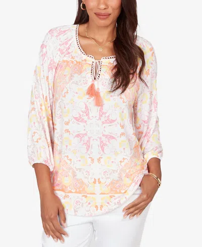 Ruby Rd. Plus Size Tapestry Print Drawstring Peasant Top In Pink