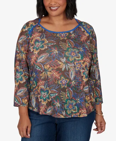 Ruby Rd. Plus Size Textured Floral Print Knit Top In Dark Chocolate Multi