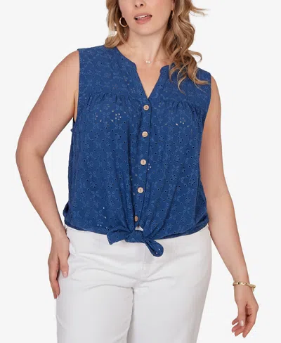 Ruby Rd. Plus Size Tie-front Eyelet Sleeveless Top In Blue