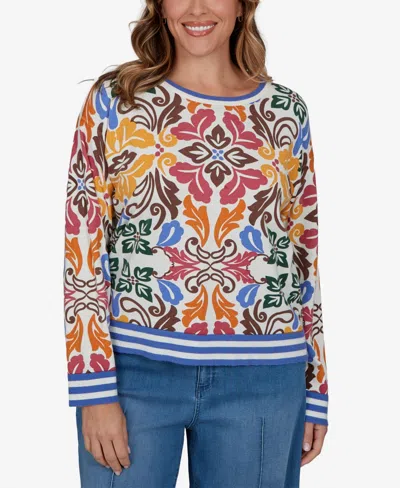 Ruby Rd. Plus Size Tipped Floral Lightweight Sweater In Ivory Multi