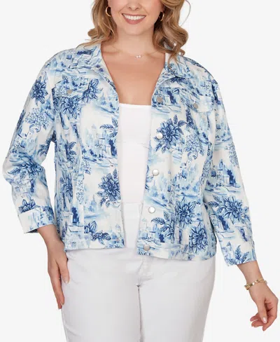 Ruby Rd. Plus Size Toile Print Trademark Denim Jacket In Blue