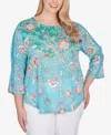 RUBY RD. PLUS SIZE TRIOPICAL CHEVRON LACE SLEEVE TOP