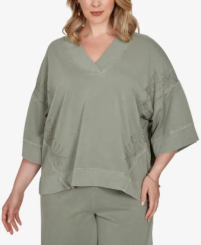 Ruby Rd. Plus Size Tropical Embroidered French Terry Knit Top In Green