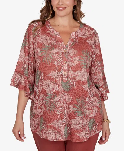 Ruby Rd. Plus Size Tropical Floral Burnout Split Neck Top In Brown
