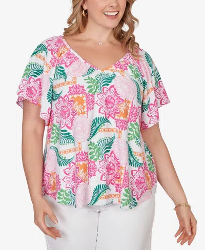 Ruby Rd. Plus Size Tropical Floral Eyelet Flutter Sleeve Top In Multi