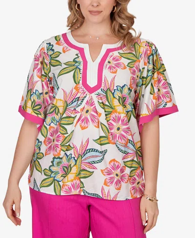Ruby Rd. Plus Size Tropical Floral Trim Detail Top In Multi
