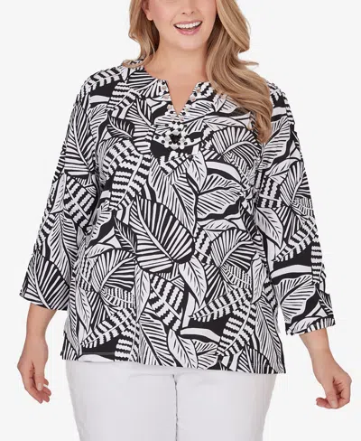Ruby Rd. Plus Size Tropical Leaf Print Top In Black,white