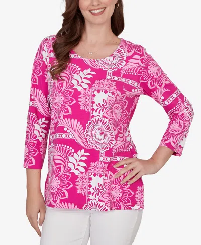 Ruby Rd. Plus Size Tropical Patchwork Scoop Neck Knit Top In Pink