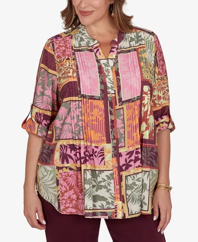Ruby Rd. Plus Size Tropical Patchwork Voile Button Front Top In Multi