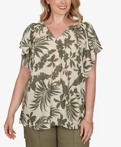Ruby Rd. Plus Size Tropical Print Gauze Flutter-sleeve Top In Blue