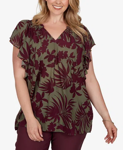 Ruby Rd. Plus Size Tropical Print Gauze Flutter-sleeve Top In Multi