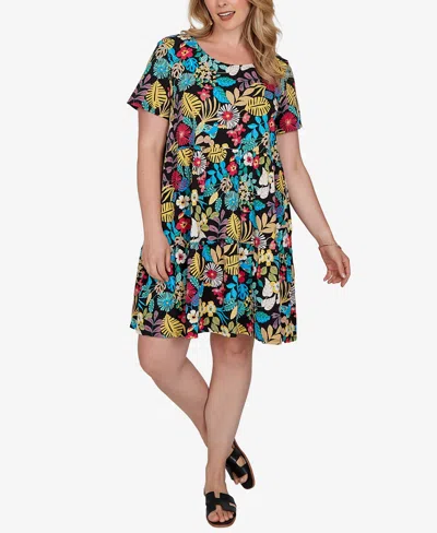 Ruby Rd. Plus Size Tropical Print Tiered Cotton Knit Pocket Dress In Multi
