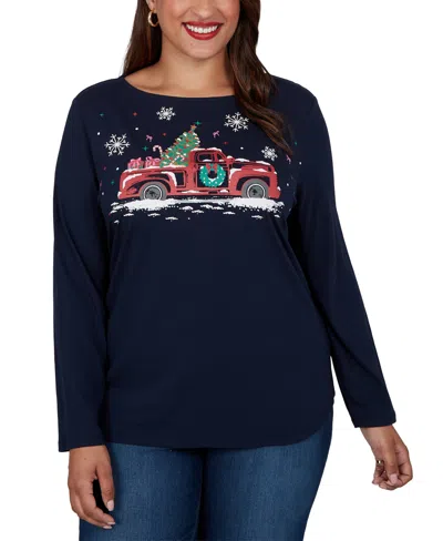 Ruby Rd. Plus Size Truck Boat-neck Graphic Long-sleeve T-shirt In Multi