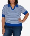 Ruby Rd. Plus Size Two-tone Collared Elbow Sleeve Sweater In Cobolt Multi
