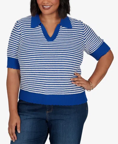 Ruby Rd. Plus Size Two-tone Collared Elbow Sleeve Sweater In Cobolt Multi