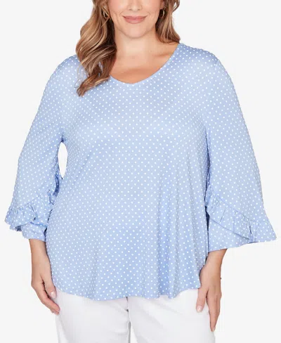 Ruby Rd. Plus Size V-neck Polka Dot Puff Print Knit Top In Blue