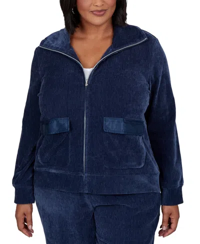 Ruby Rd. Plus Size Velveteen Corduroy Long-sleeve Collared Jacket In Blue