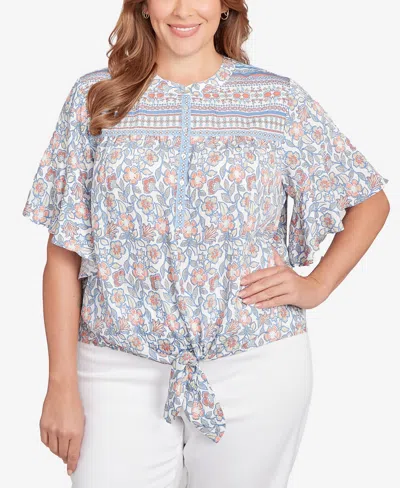 Ruby Rd. Plus Size Vintage Floral Tie Front Henley Top
