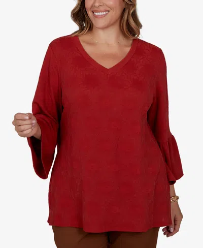 Ruby Rd. Plus Size V-neck Floral Bell-sleeve Blouse In Red