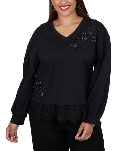 Ruby Rd. Plus Size V-neck Long-sleeve Lace-trim Pullover In Black