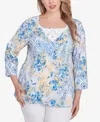 Ruby Rd. Plus Size Watercolor Floral Patchwork 3/4 Sleeve Top In Blue