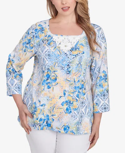 Ruby Rd. Plus Size Watercolor Floral Patchwork 3/4 Sleeve Top In Blue